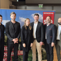 Foto von links nach rechts: OV-Vorsitzender Maximilian Hermenau, Robin Mesarosch, MdB Carmen Wegge, OB-Kandidat Daniel Liebetruth, LR-Kandidat Andreas Magg, SPD-Bezirksvorsitzender Matthias Bonigut
